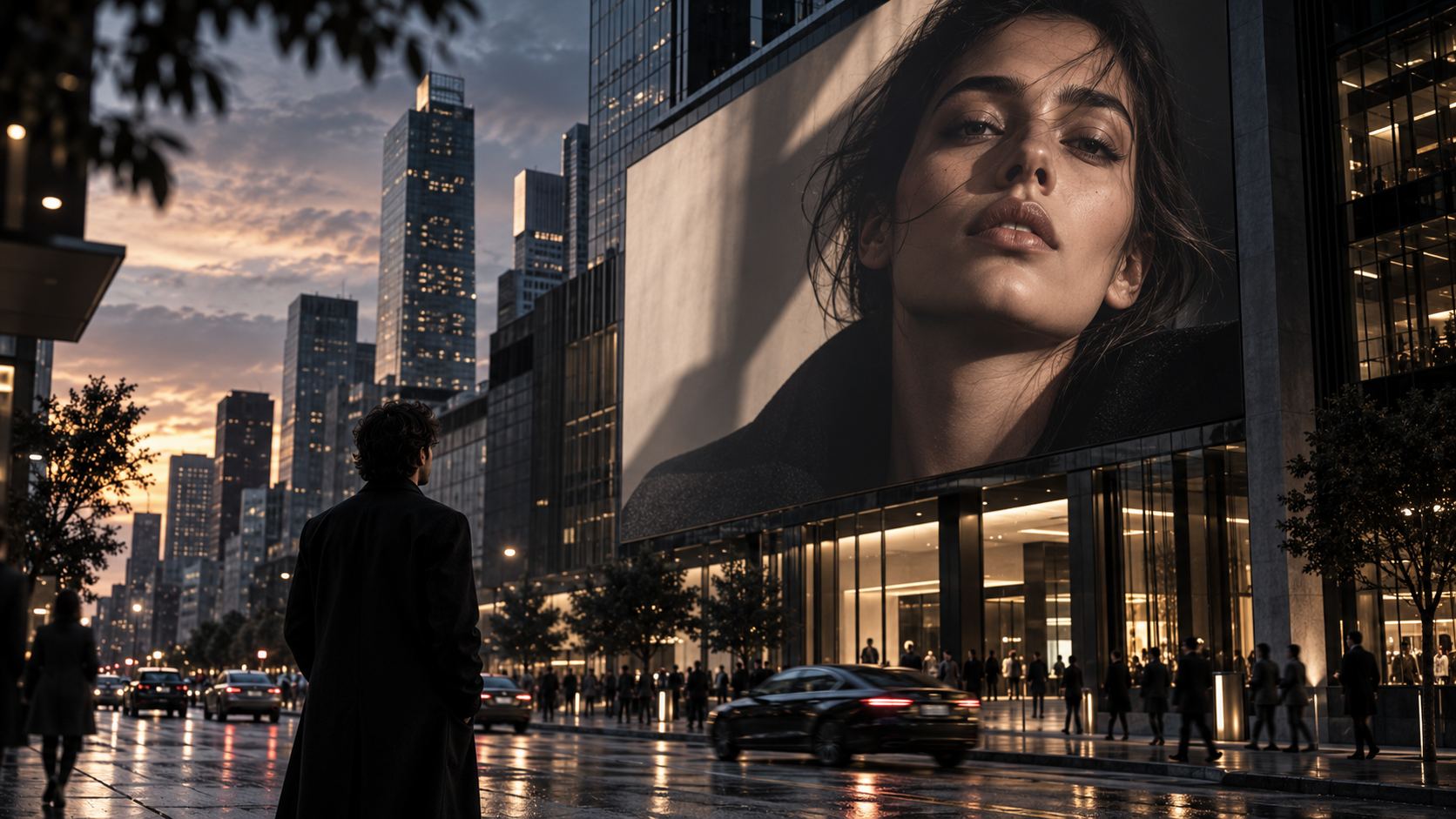 A man stops in the street at dusk, looking up at a large billboard